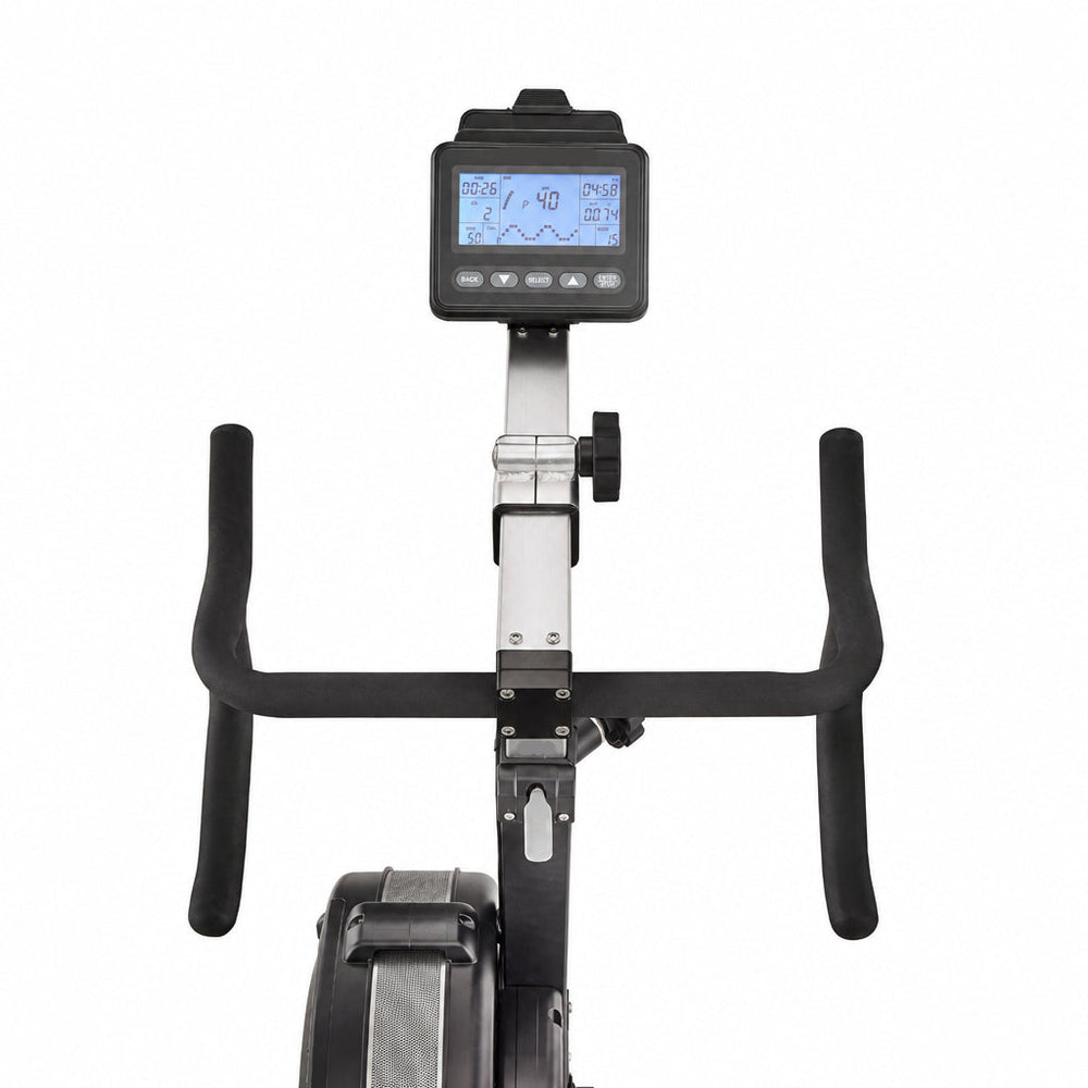 A close-up studio shot of a rowing machine's console and handlebar assembly against a solid white background.