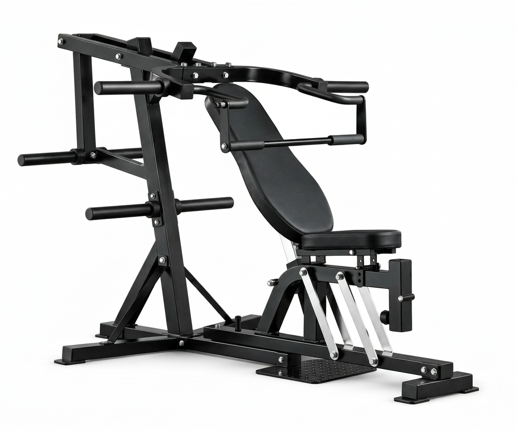 A black and silver chest press gym machine with weight plates, shown on a clean white background. Main image