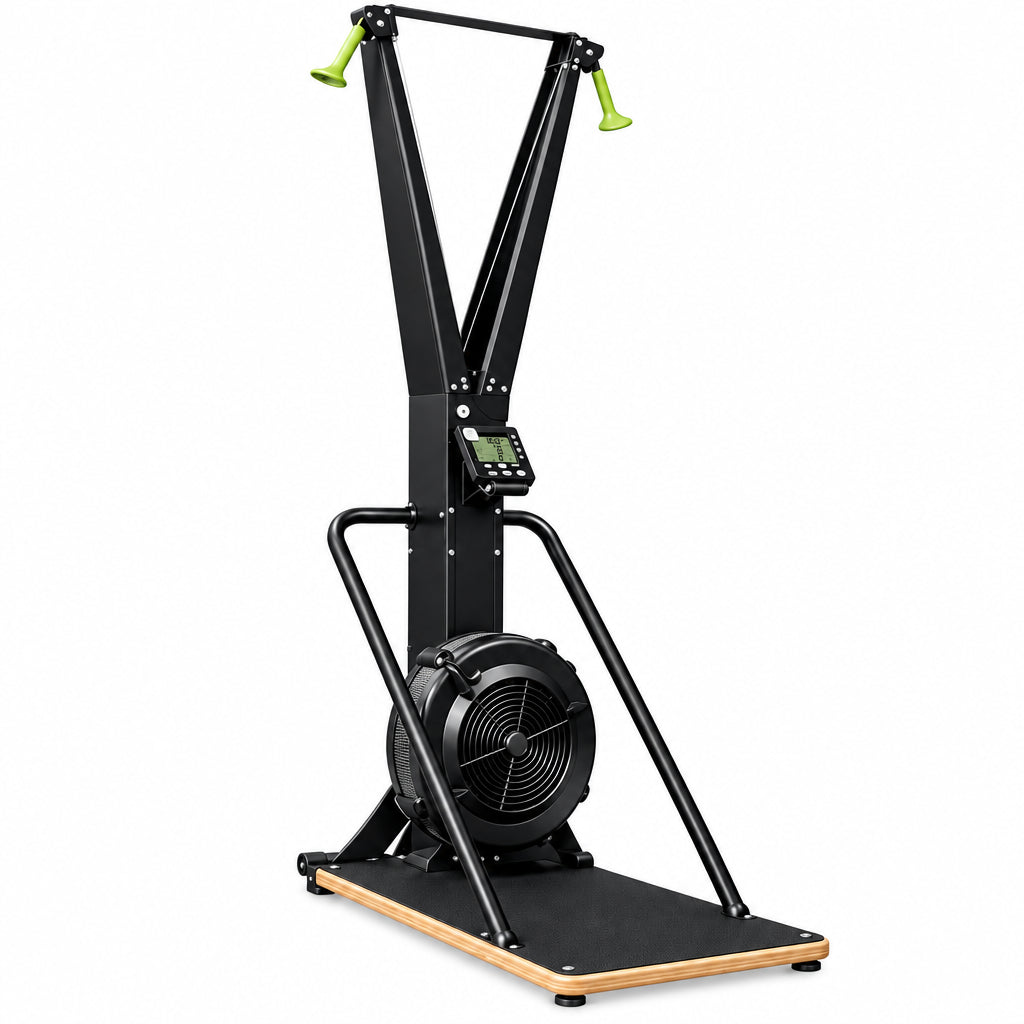 A black rowing machine with a wooden base and small green handle grips, photographed in a dark gym corner with a black brick wall and dark floor. Main image