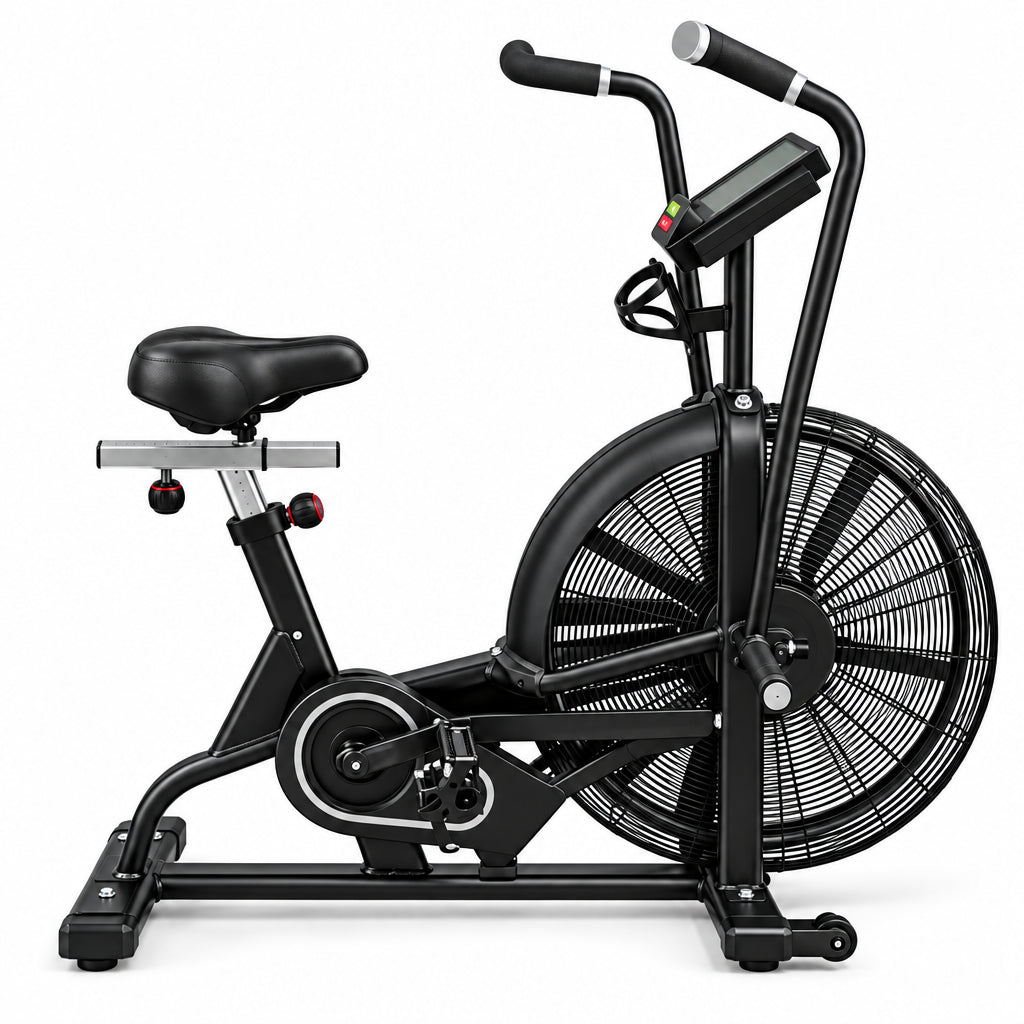 A black indoor stationary exercise bike with a large front fan, black seat, and handlebar with a small display screen, photographed on a clean white background. Main image