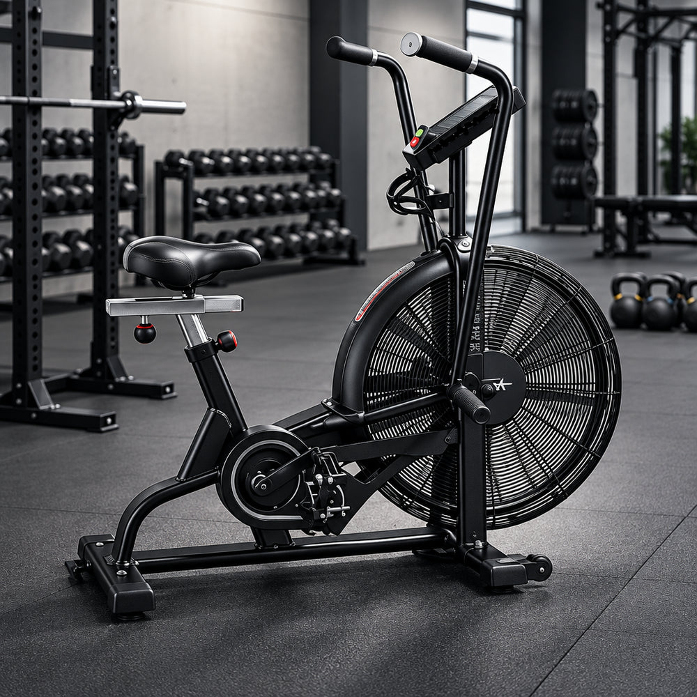 A black indoor exercise bike with a large front fan wheel is photographed in a gym setting. The bike has an upright handlebar, a padded seat, and a central flywheel mechanism.