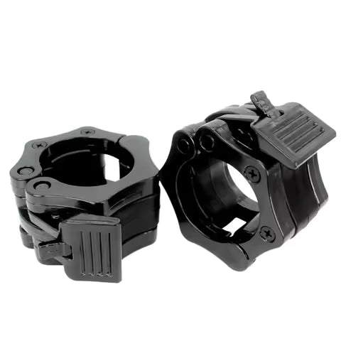 Two black metal barbell clamps with on a white background