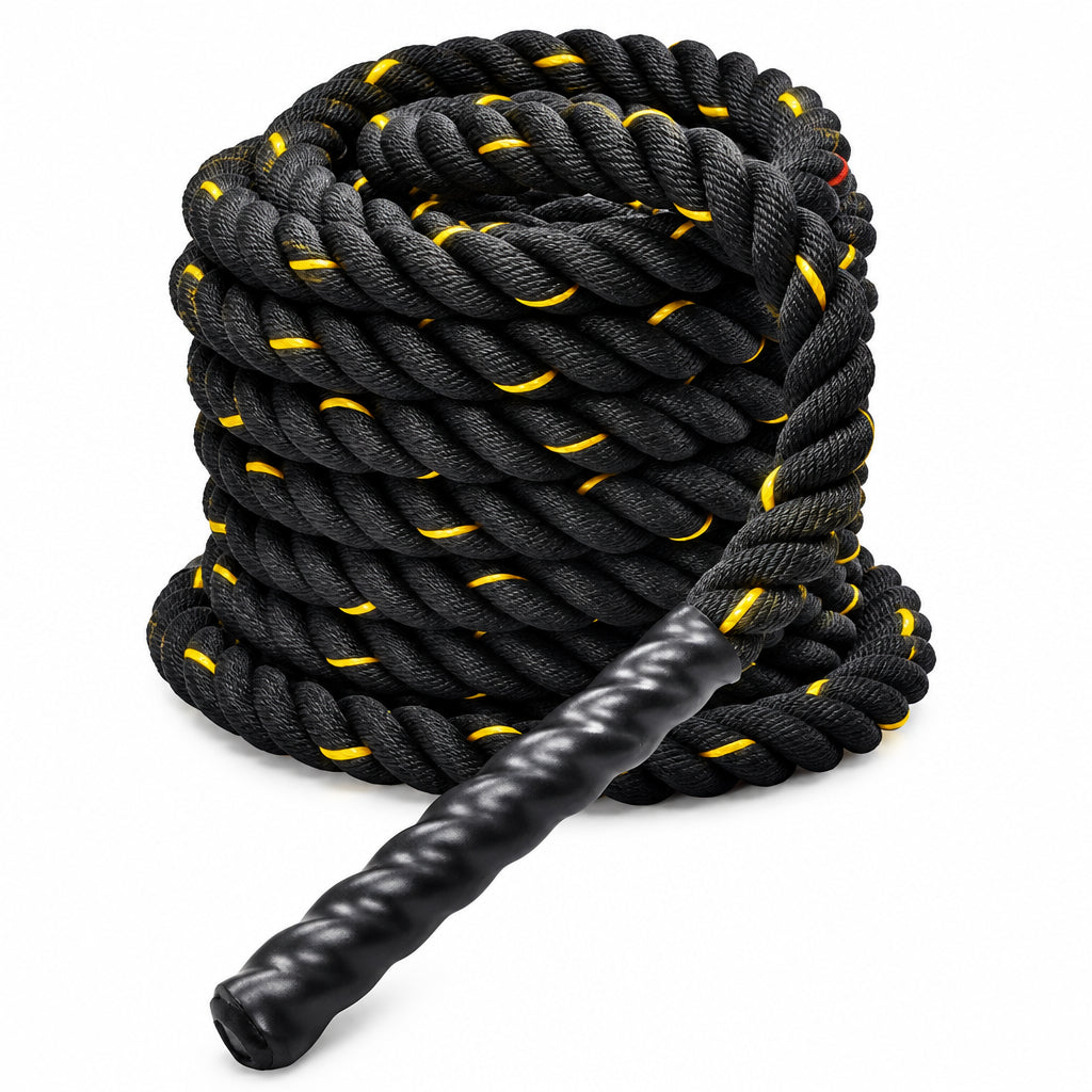 A coiled black battle rope with yellow stitching details and a twisted black handle, shown on a plain white background. Main image