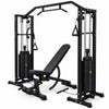 Black fitness equipment with weight bench on a white background