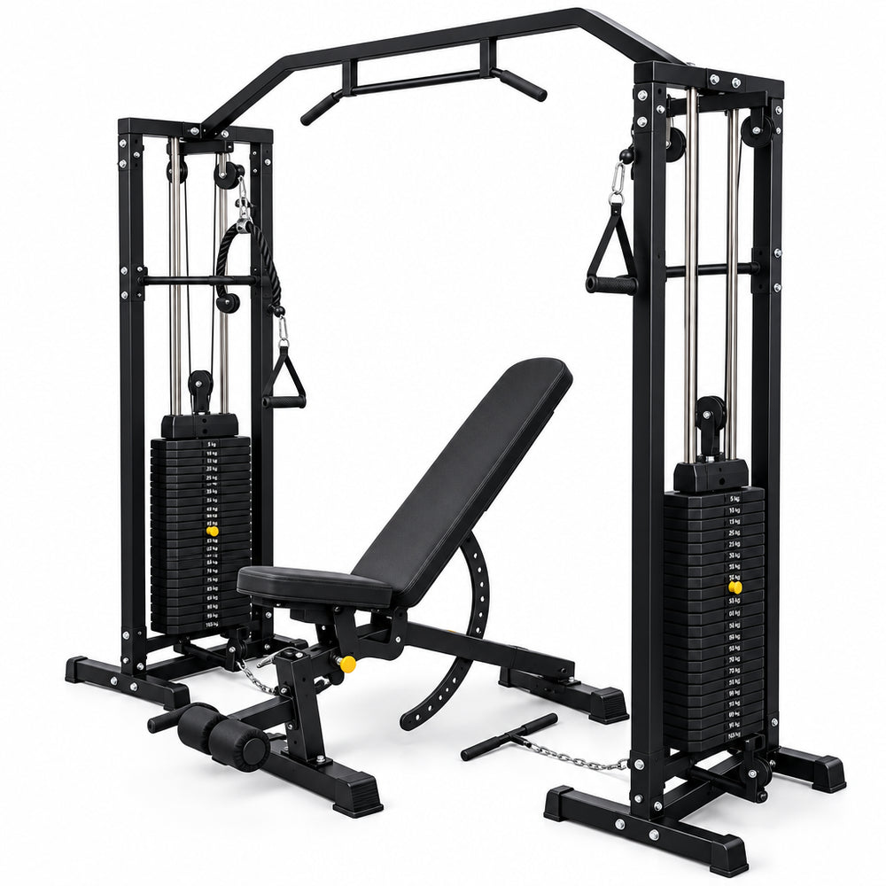 Black fitness equipment with weight bench on a white background