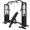 Black fitness equipment with multiple attachments on a white background