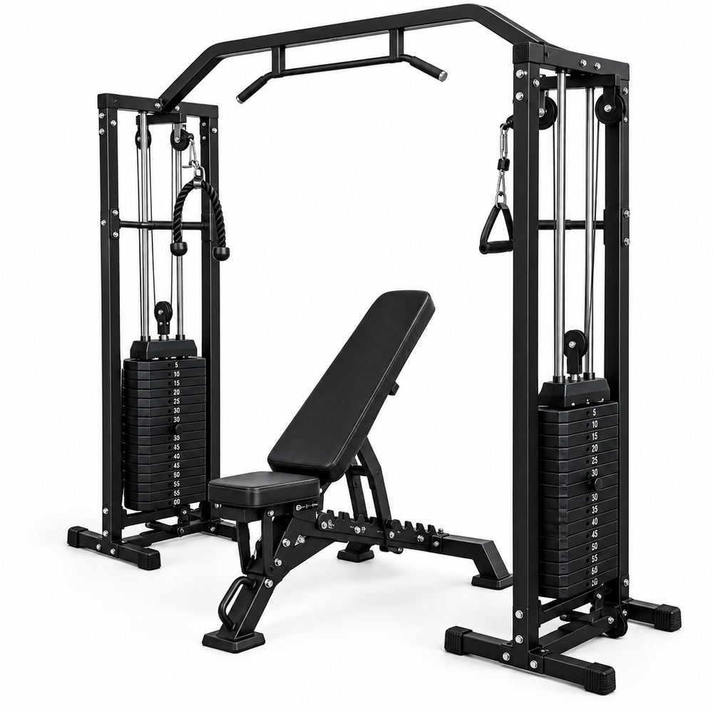 Black fitness equipment with multiple attachments on a white background