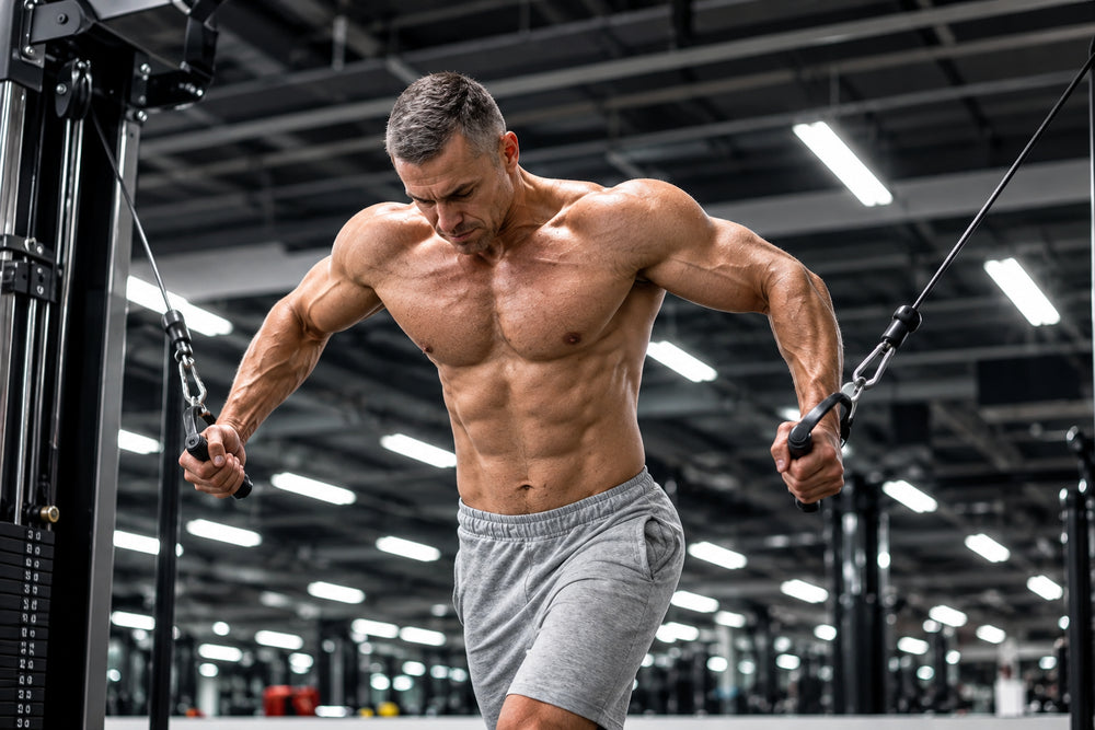 A shirtless, muscular man in gray athletic shorts exercises a cable machine in a gym.