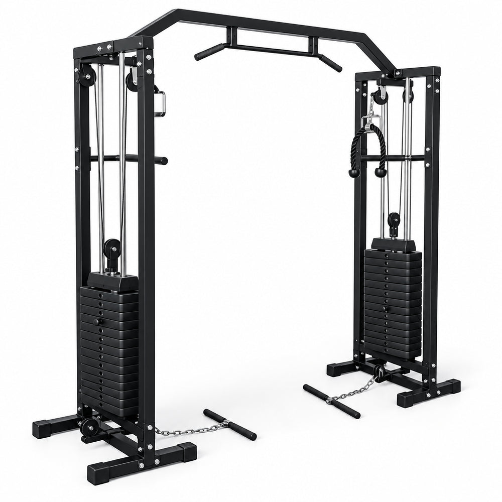 Black cable machine gym equipment on a white background