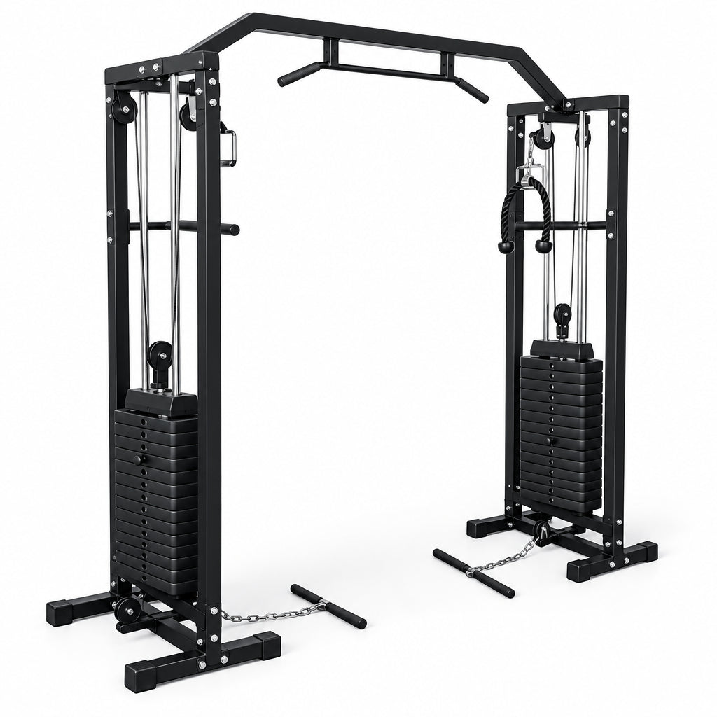 Black cable machine gym equipment on a white background