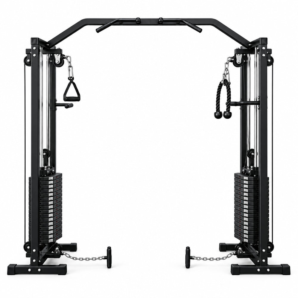 Gym equipment frame with dimensions on a white background