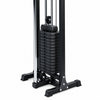 Gym cable machine with weight stack on a white background