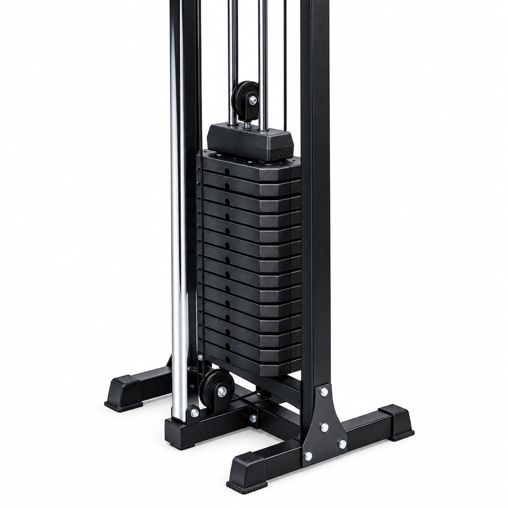 Gym cable machine with weight stack on a white background