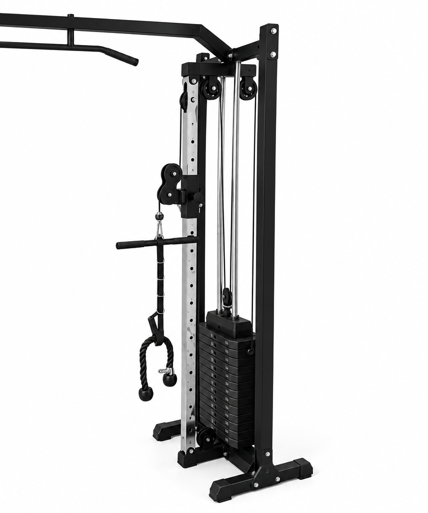 Black cable machine gym equipment on a white background