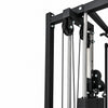 Gym machine with pulleys and cables on a white background