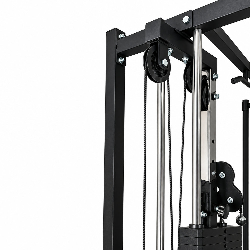 Gym machine with pulleys and cables on a white background