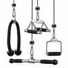 A cable exercise machine set with multiple silver metal handles and black foam grips, including a rope handle, dual-pull handle, and T-bar, shown on a plain white background.