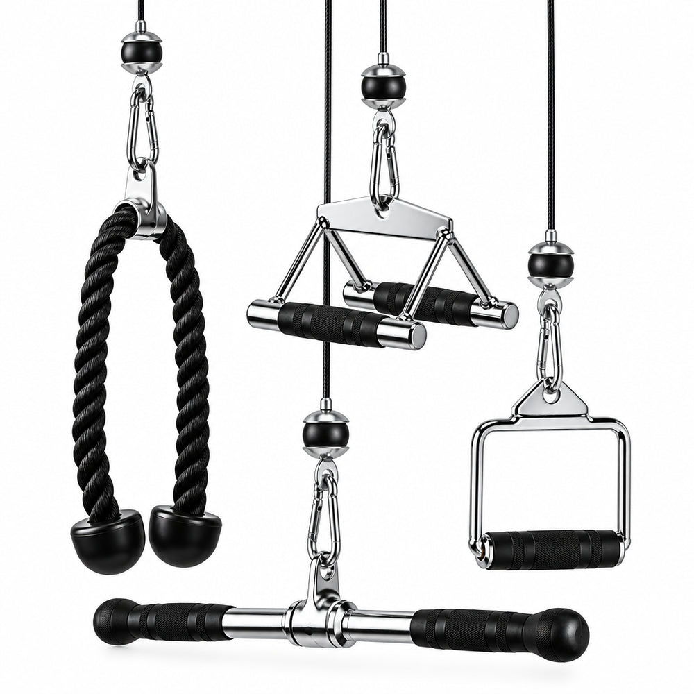 A cable exercise machine set with multiple silver metal handles and black foam grips, including a rope handle, dual-pull handle, and T-bar, shown on a plain white background.