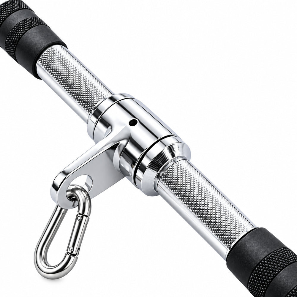Close up of steel bar cable attachment and black rubber grip handles