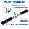 A straight rotating bar with black textured rubber handles and a chrome metal center, shown on a light gray background with callout text explaining features like 360-degree swivel, chrome finish, and textured rubber grip.