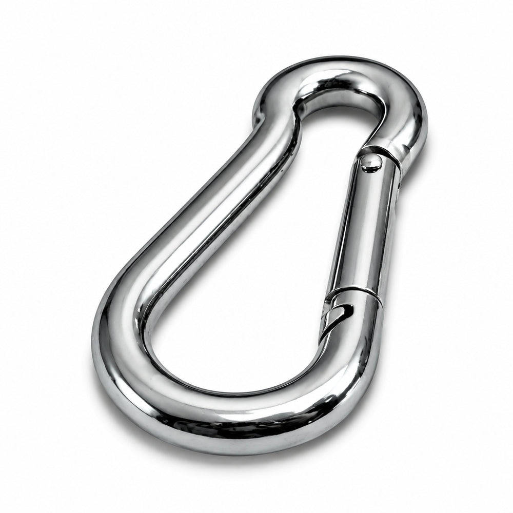 Metal carabiner on a white background