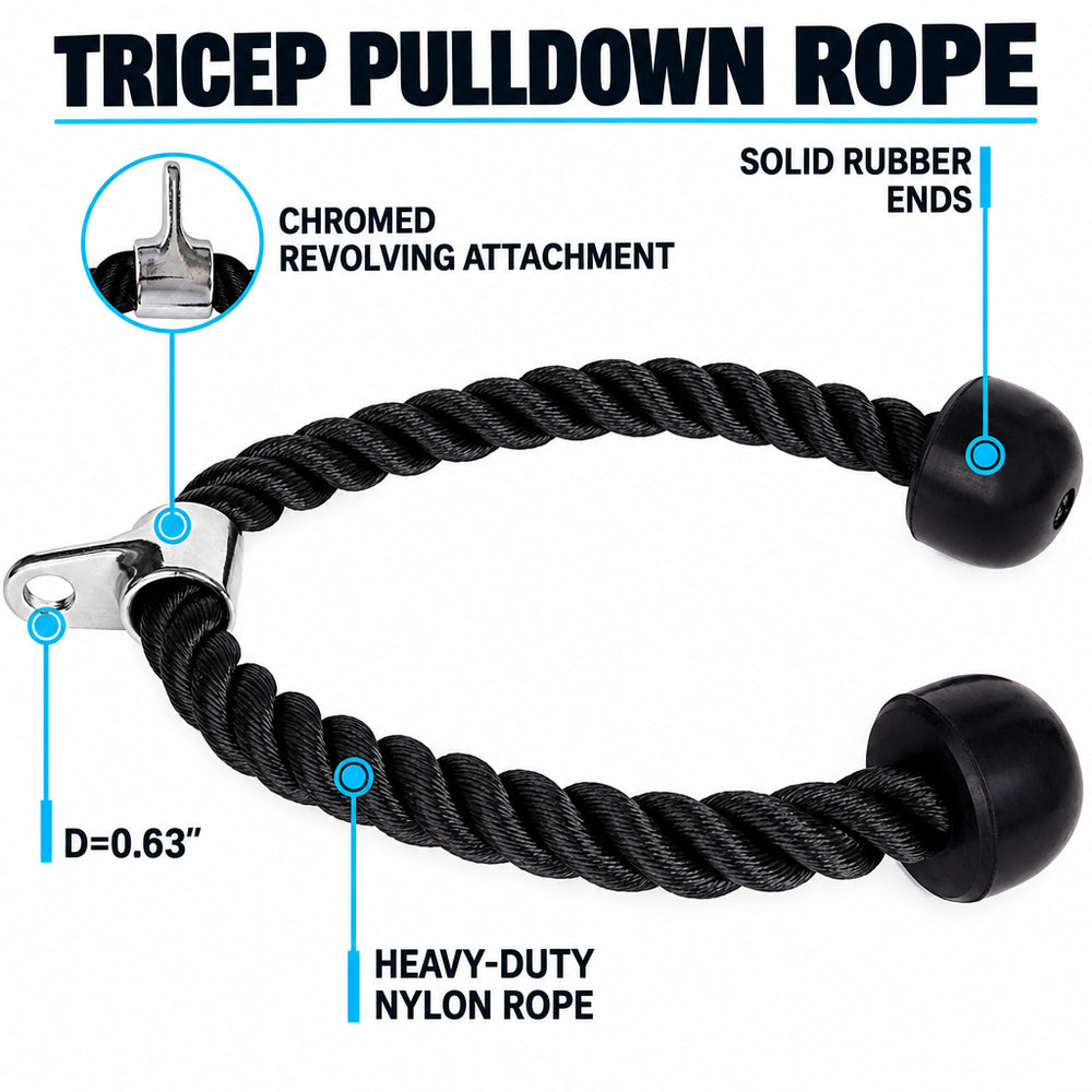 Black twisted nylon rope with solid black rubber ends and a silver metal hook attachment, shown on a white background with callout labels pointing to the chrome revolving attachment, solid rubber ends, and D=0.63" size.