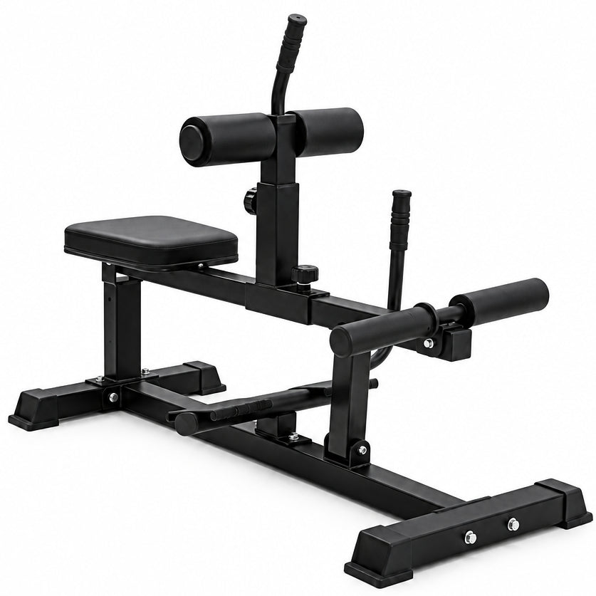 A black adjustable weight bench with a padded seat and backrest, plus attached horizontal grip bars and a vertical handle, shown on a plain white background. Main image