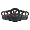 A set of black kettlebells arranged in a row on a white background, with the front kettlebell labeled 32KG. The handles and rims of the kettlebells are accented with small colored bands in red, orange, green, yellow, and pink.