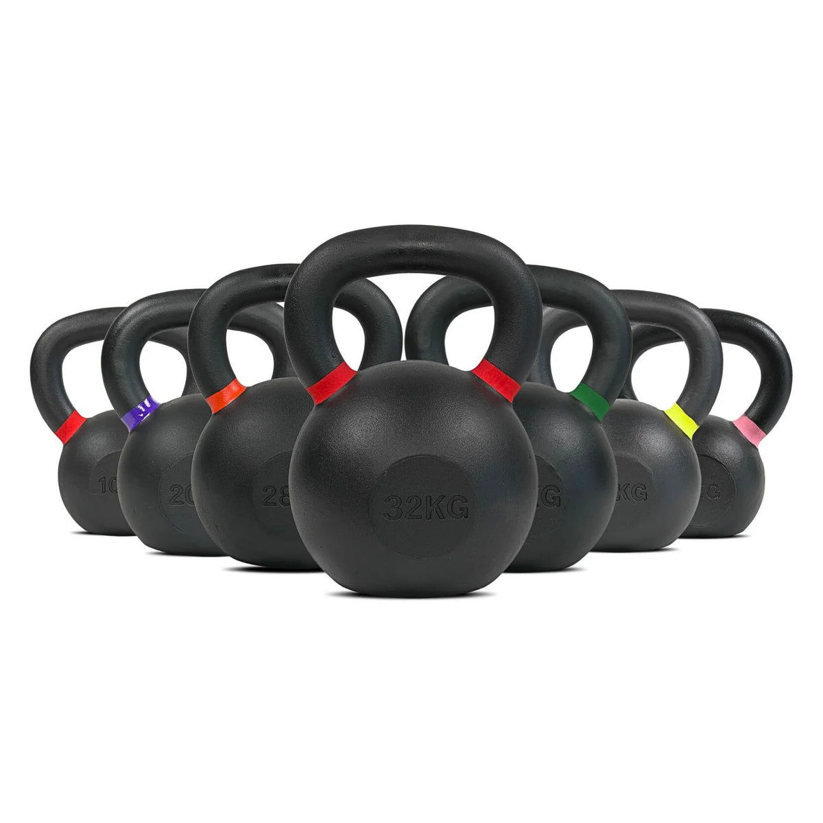A set of black kettlebells arranged in a row on a white background, with the front kettlebell labeled 32KG. The handles and rims of the kettlebells are accented with small colored bands in red, orange, green, yellow, and pink. Main image