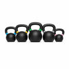 Five black kettlebells in graduated sizes lined up in a row against a solid white background.
