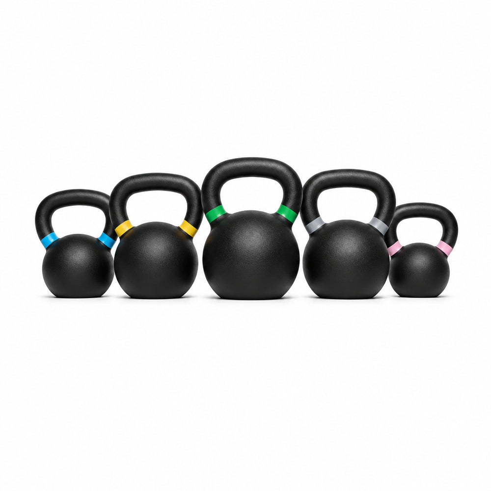 Five black kettlebells in graduated sizes lined up in a row against a solid white background.