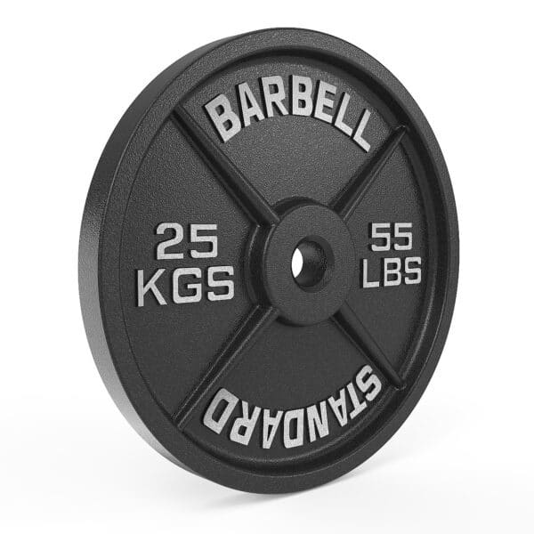 Black weight plate at 25kg on a white background