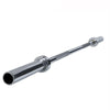 A polished chrome deadlift barbell  and knurled grip sections, shown diagonally on a white background