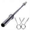 A polished steel barbell with 2 spring collars, shown on a plain white background.