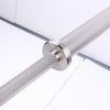 Close-up of a metallic barbell with a knurled textured grip and a polished steel end on a clean white background.
