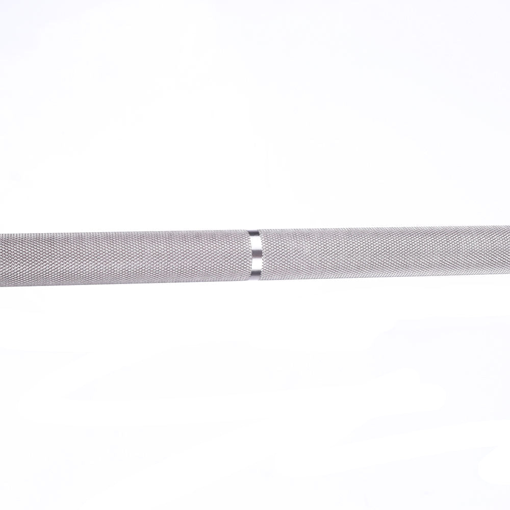 A close-up of a textured metal bar with a knurled pattern on a white background.