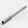 A silver metal barbell with a black end cap, shown diagonally on a clean light gray background.