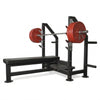 Heavy Duty weight bench with adjustable level barbell height options on a white background