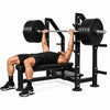 Black weightlifting bench and rack on a white background