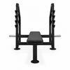 Front view of black gym bench with weights above on a white background