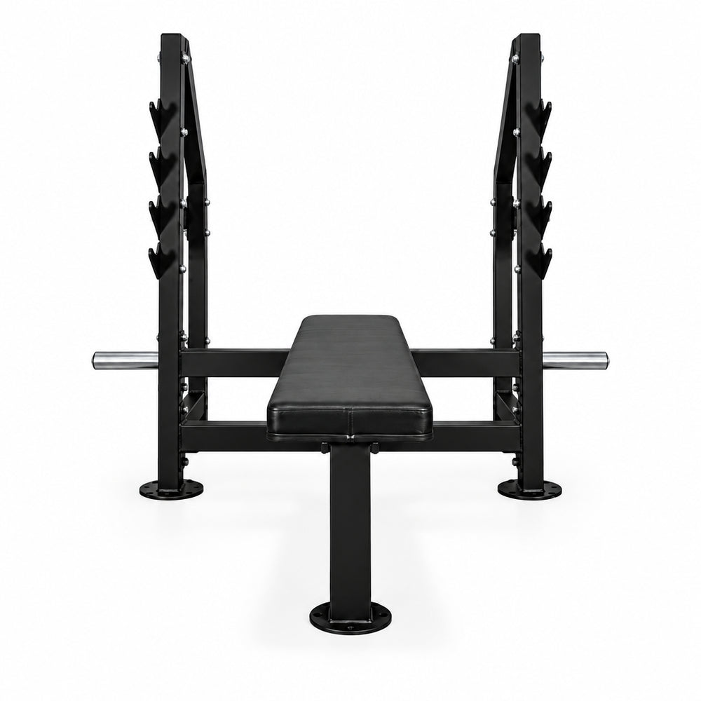 Front view of black gym bench with weights above on a white background