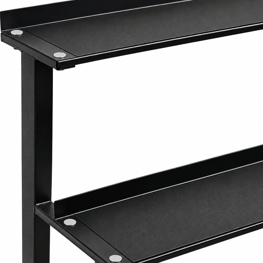2 tiers of  a kettlebell rack for storage of kettlebells on a white background