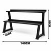 Black metal weights rack with dimensions on a white background