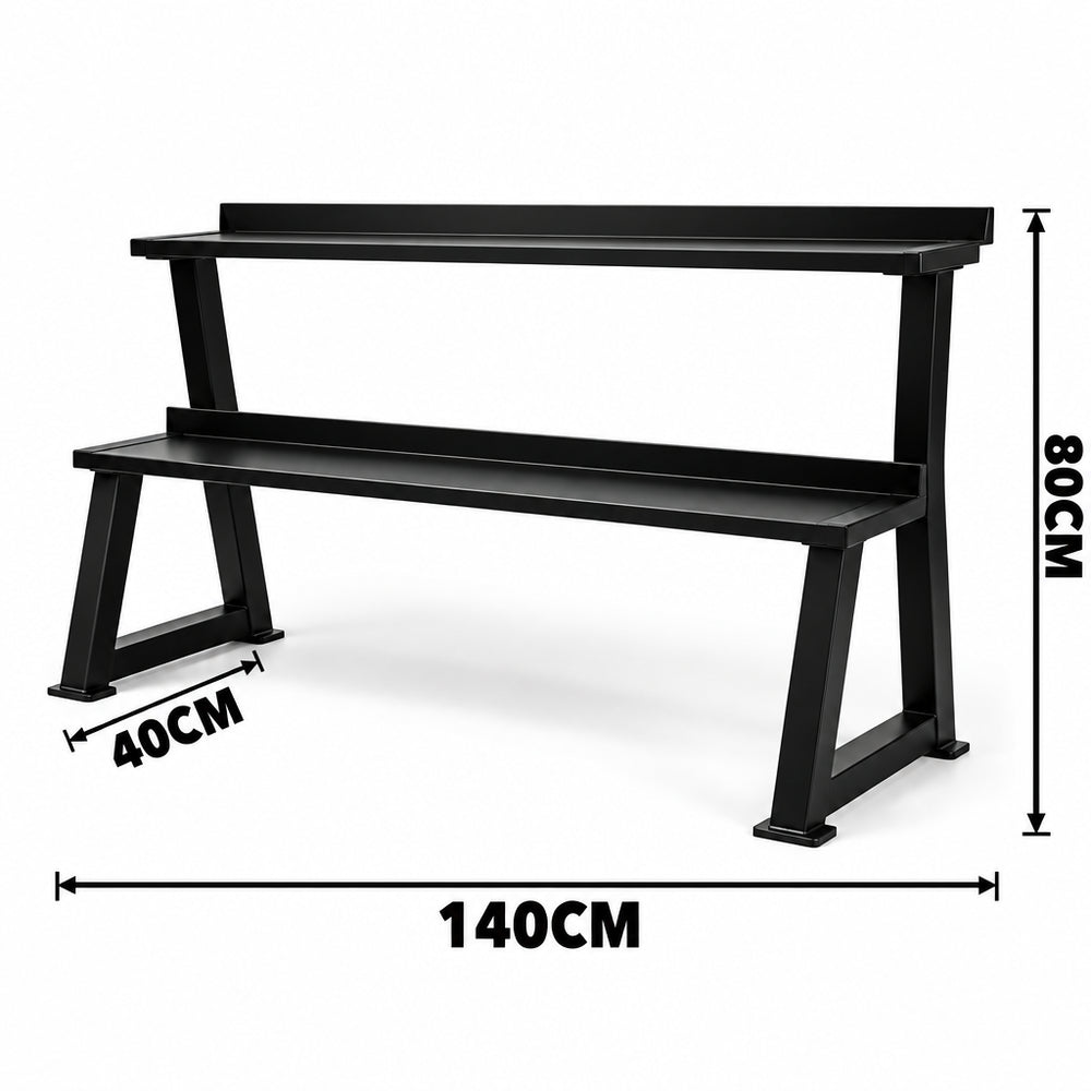 Black metal weights rack with dimensions on a white background