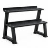 A black metal dual-tier bench on a white background