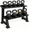 A two-tier black metal kettlebell rack holding eight kettlebells of varying weights with colored bands on the handles, isolated on a white background.