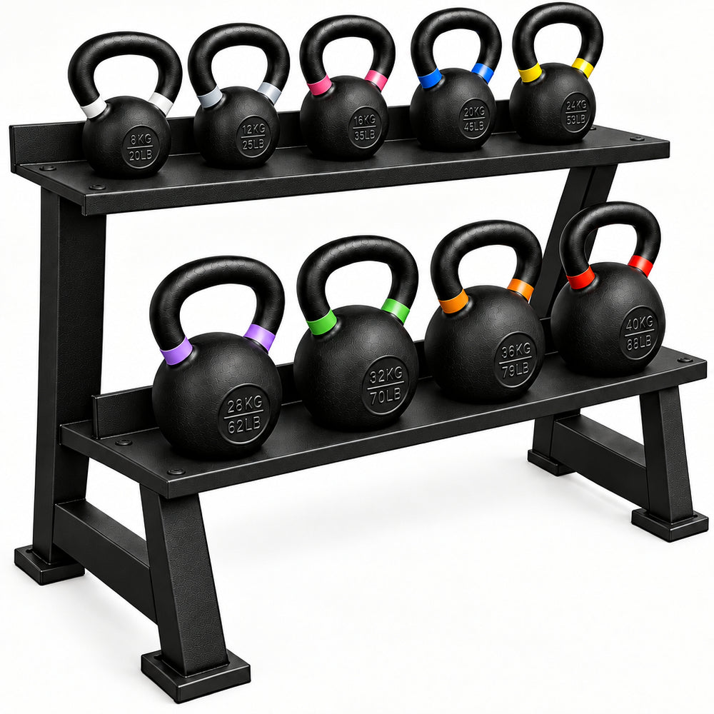 A two-tier black metal kettlebell rack holding eight kettlebells of varying weights with colored bands on the handles, isolated on a white background.