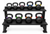 A black metal two-tier kettlebell rack holding ten black kettlebells with colored weight bands, shown on a plain white background.
