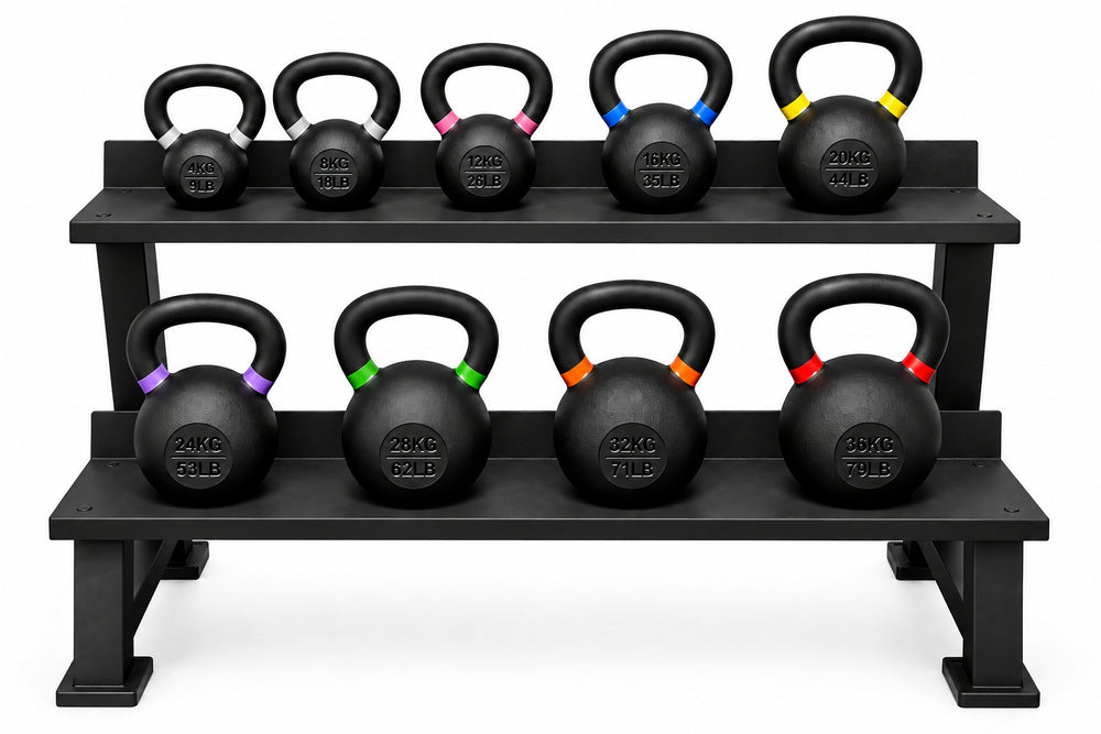A black metal two-tier kettlebell rack holding ten black kettlebells with colored weight bands, shown on a plain white background.