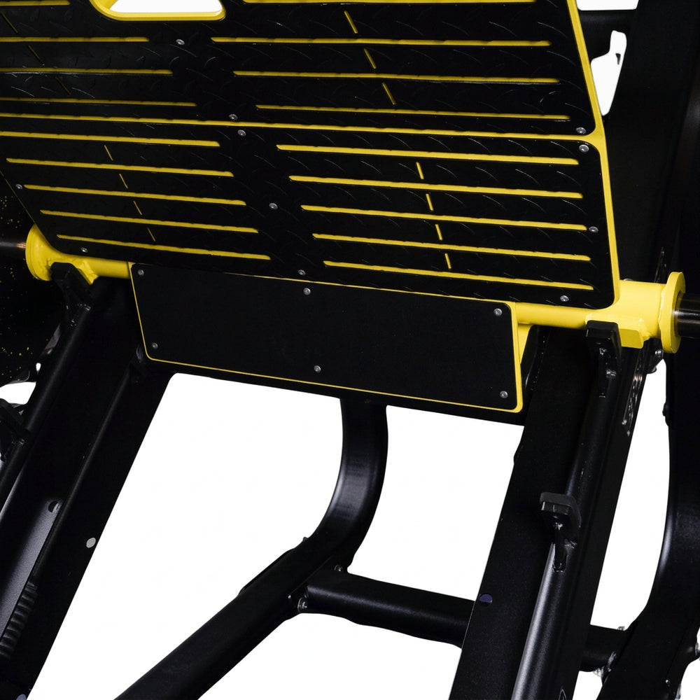 Close-up of a black and yellow mechanical component on a white background